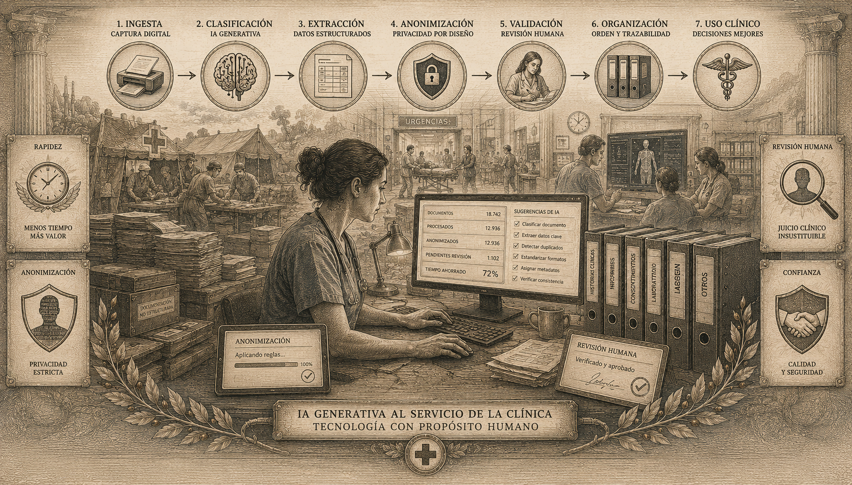 Ilustración editorial sobre IA en las trincheras, documentación clínica y trabajo sanitario real